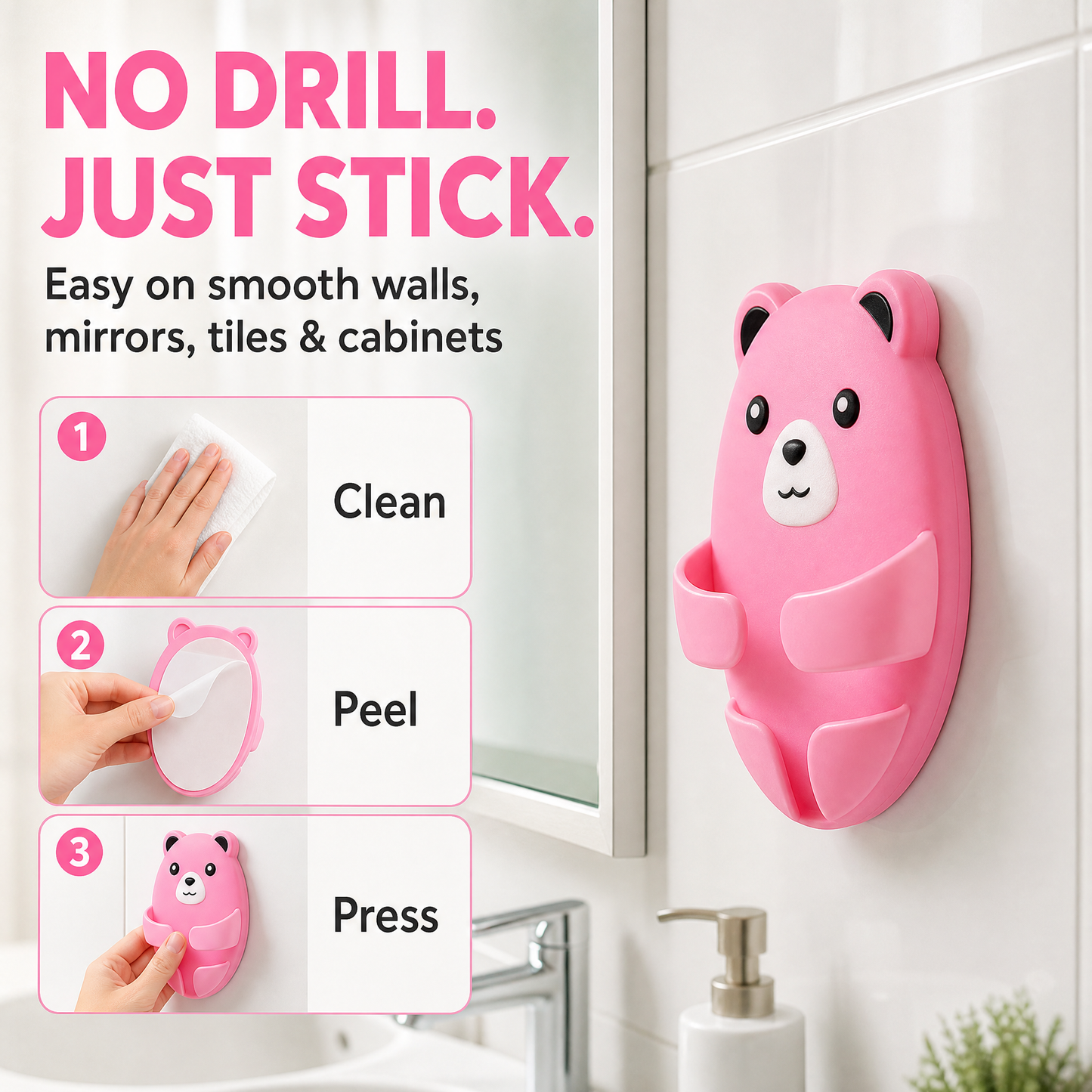Bear-Shaped Adhesive Wall Hooks 4-Pack
