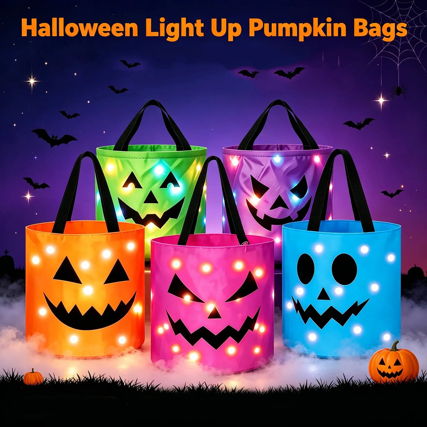 LED Light-Up Pumpkin Candy Bucket – Glowing Halloween Tote Bag for Trick or Treat, Party Favors & Spooky Night Fun