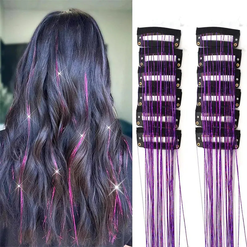 Rainbow Hair Tinsel Pack of 12 Pcs Clip in Hair Tinsel 20 Inch Glitter Tinsel Hair Extensions