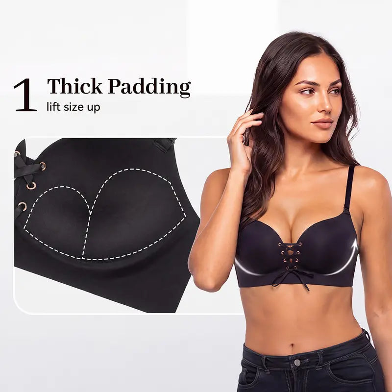 Drawstring Push-Up Wireless Lace-Up Front Bra