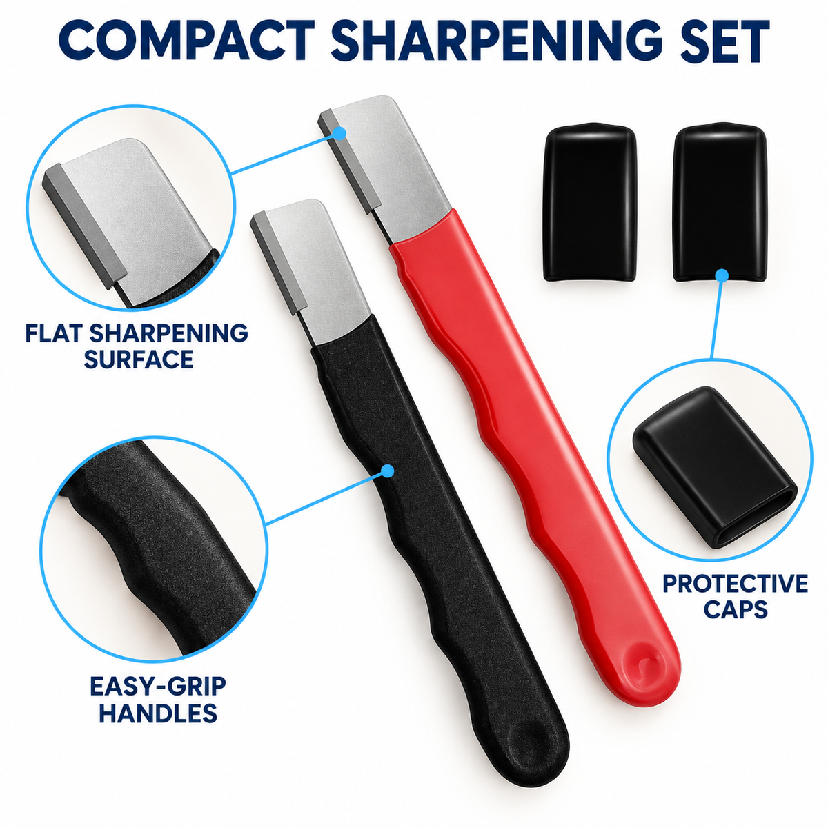 Sharpener handles, flat sharpening surfaces and protective caps