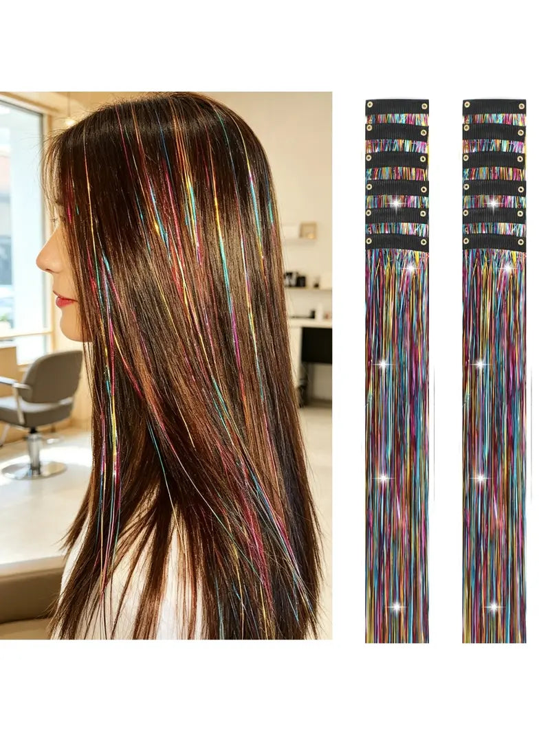 Rainbow Hair Tinsel Pack of 12 Pcs Clip in Hair Tinsel 20 Inch Glitter Tinsel Hair Extensions