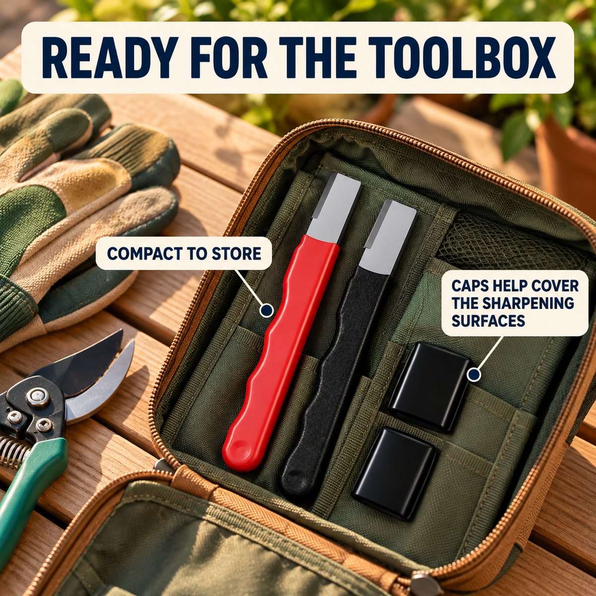 Compact sharpener set stored in a toolbox