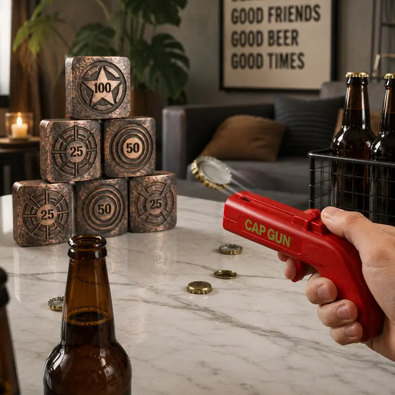 Gun-Shape Plastic Body Bottle Cap Launcher with Spring Launch Mechanism