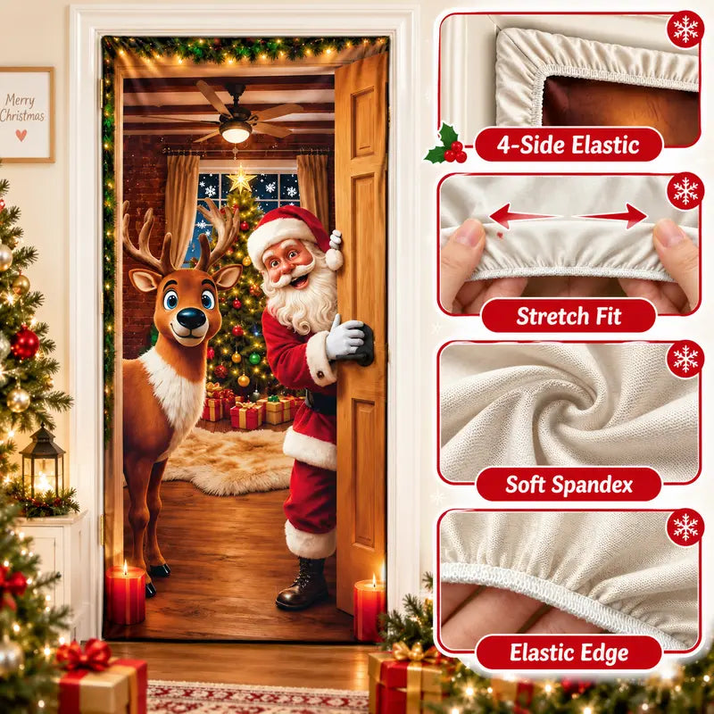 Stretch-Fit Santa & Reindeer Christmas Door Cover