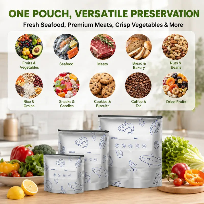 Reusable Stand-Up Food Storage Bags with Labels & Zip Locks