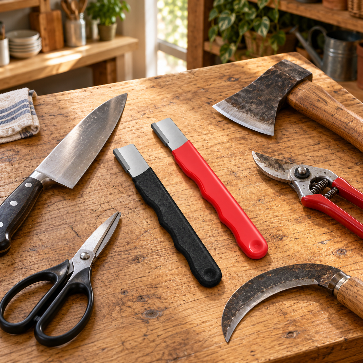 Red and black portable sharpeners on a real workbench with kitchen knives, scissors, pruning shears, a hatchet and sickle