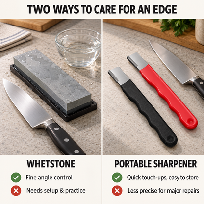 Whetstone versus portable sharpener comparison with clear pros and tradeoffs