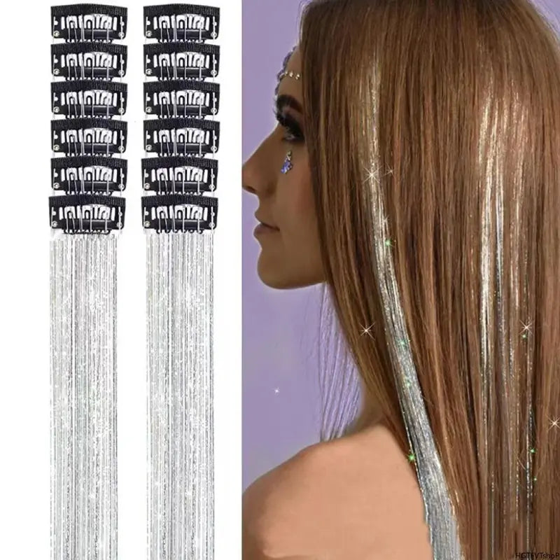 Rainbow Hair Tinsel Pack of 12 Pcs Clip in Hair Tinsel 20 Inch Glitter Tinsel Hair Extensions