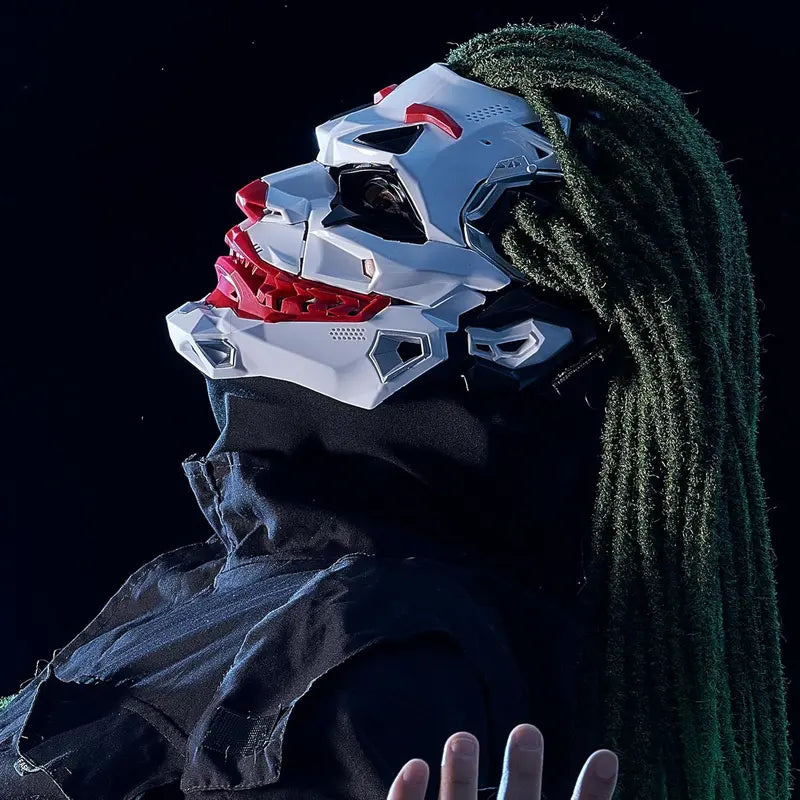 Avant-Garde Cyberpunk Clown Full-Face Mask with Green Dreadlock Braids