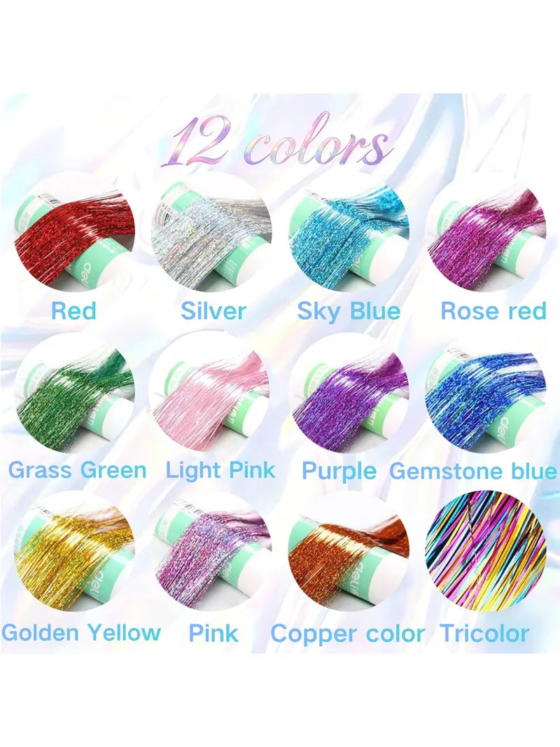 Rainbow Hair Tinsel Pack of 12 Pcs Clip in Hair Tinsel 20 Inch Glitter Tinsel Hair Extensions