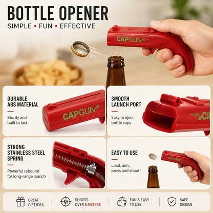 Gun-Shape Plastic Body Bottle Cap Launcher with Spring Launch Mechanism