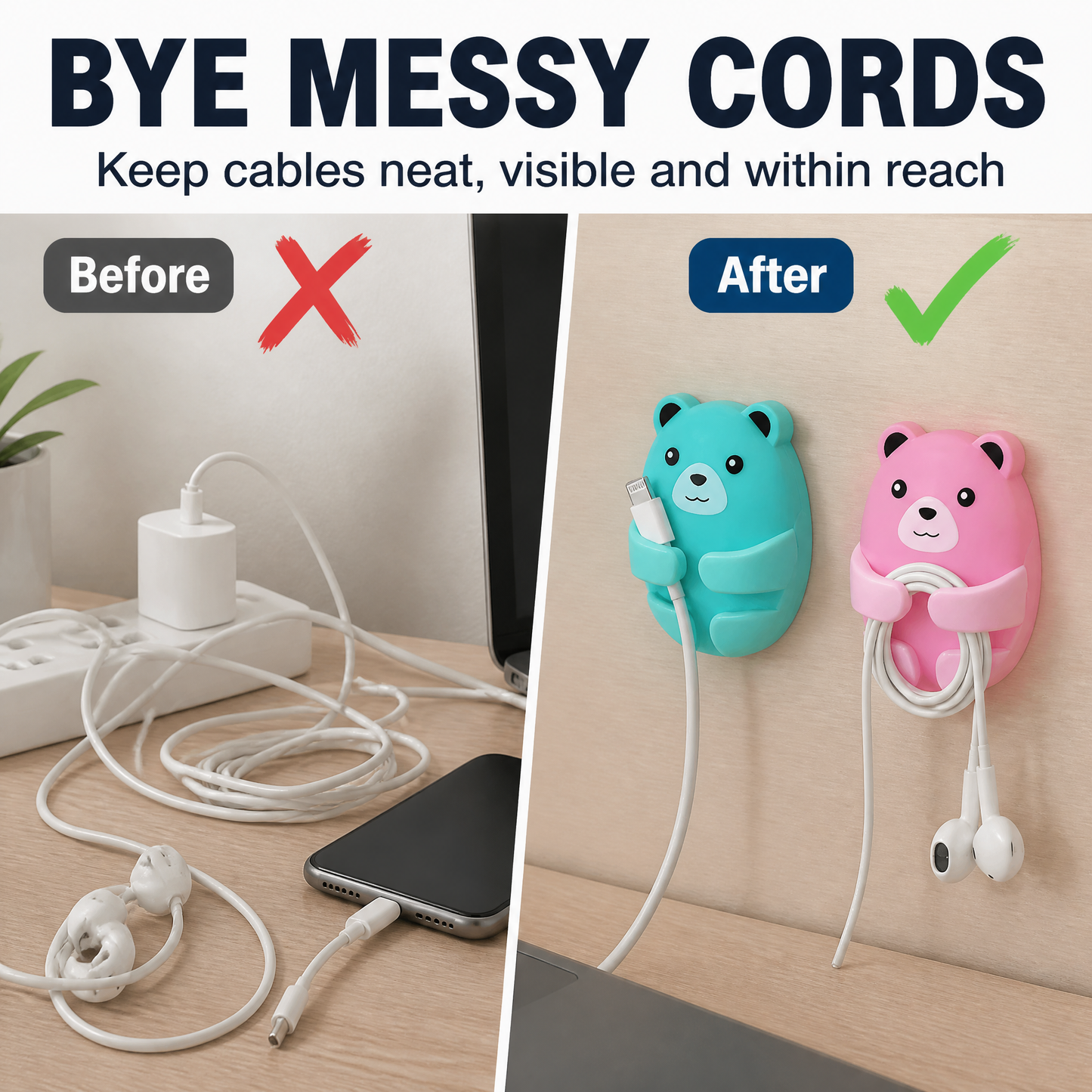 Bear-Shaped Adhesive Wall Hooks 4-Pack