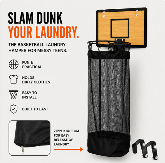 Wooden Basketball Hoop Laundry Basket - Hanging Over-The-Door Clothes Organizer & Interactive Sports Room Decor