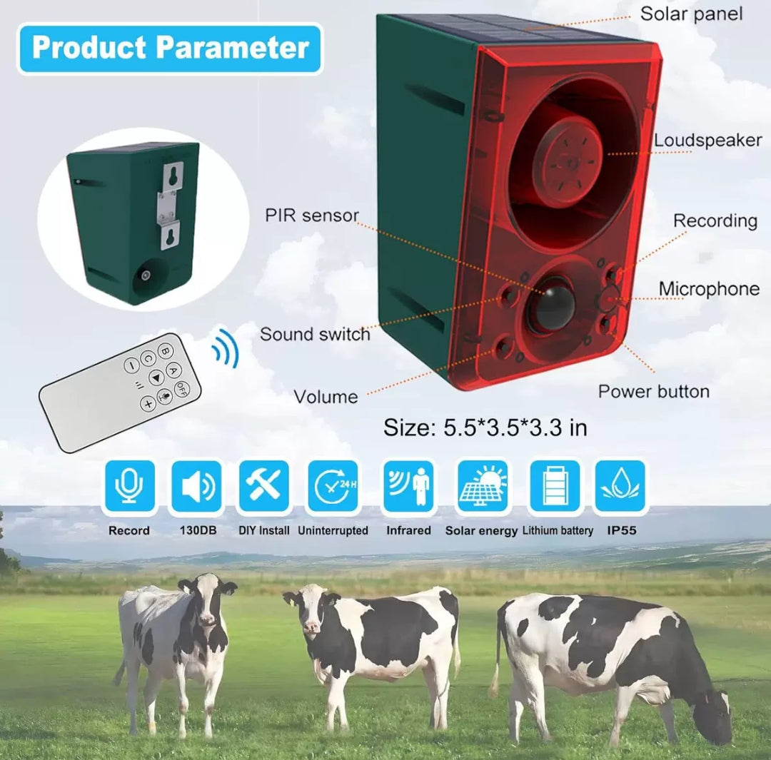 Solar-Powered Animal Repeller with Motion Sensor, Strobe Light & 130dB Alarm