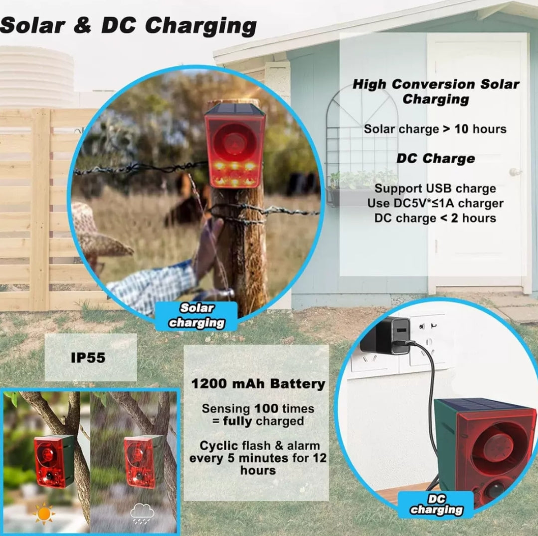 Solar-Powered Animal Repeller with Motion Sensor, Strobe Light & 130dB Alarm