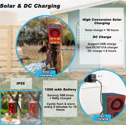Solar-Powered Animal Repeller with Motion Sensor, Strobe Light & 130dB Alarm