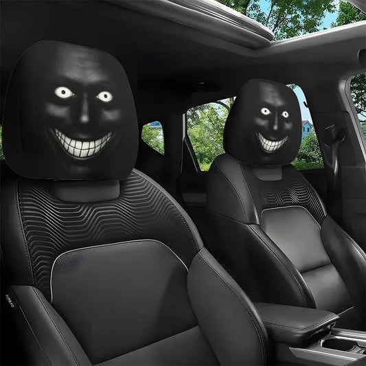 2pcs Dark Style Evil Smiley Car Headrest Covers, Universal Fit, Washable & Durable, Easy Install for Long-Distance Travel