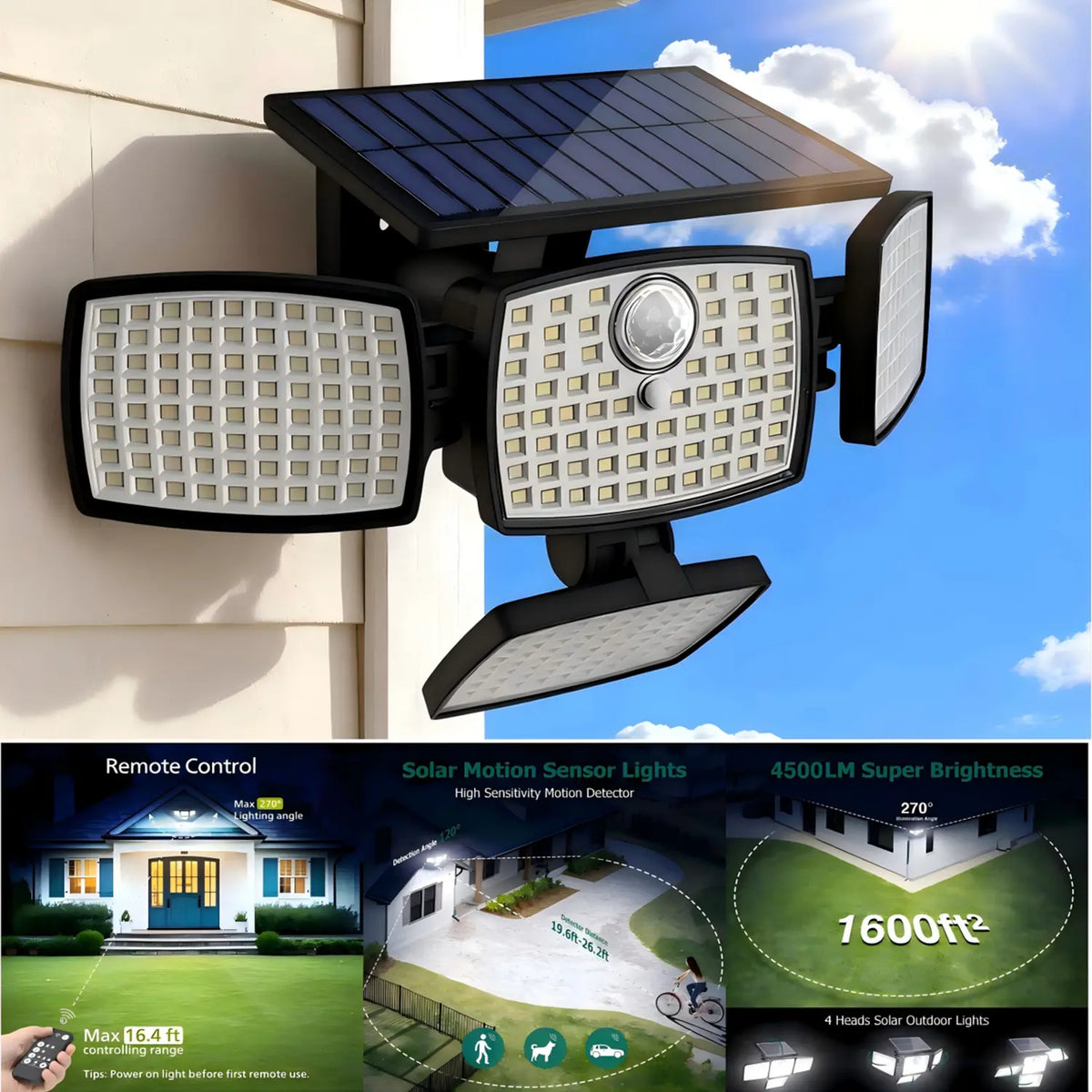 Hoodink Solar Outdoor Lights 4500LM 306LED Security Lights with Remote Control
