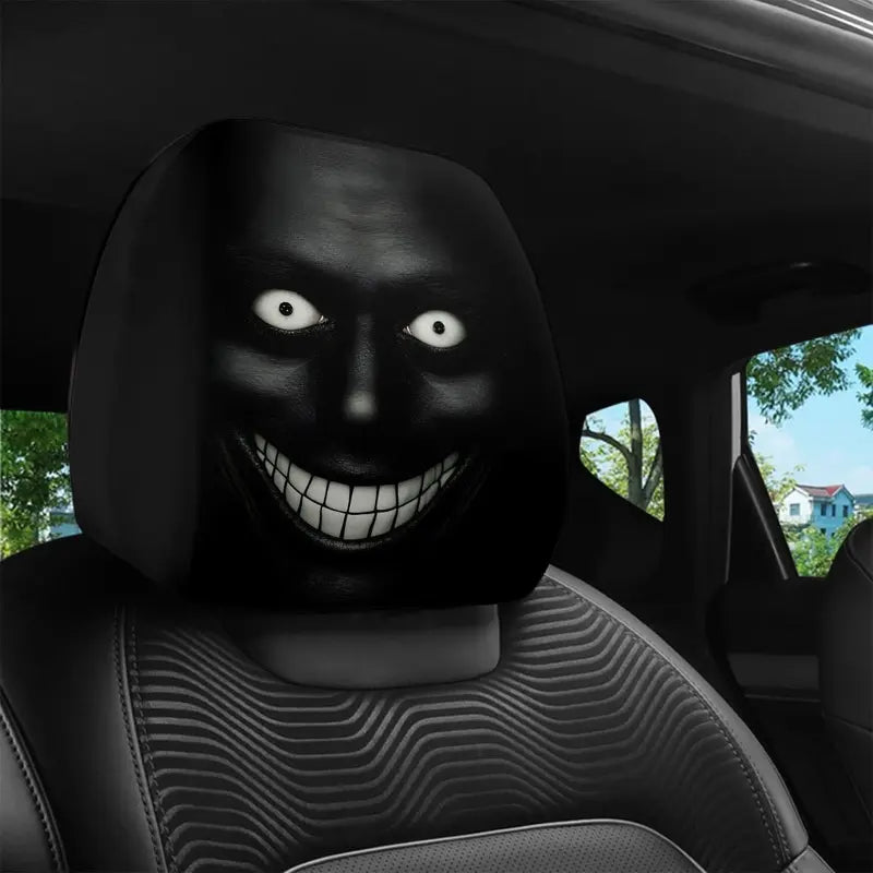 2pcs Dark Style Evil Smiley Car Headrest Covers, Universal Fit, Washable & Durable, Easy Install for Long-Distance Travel