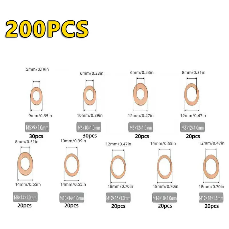 200-Piece Automotive Copper Sealing Washers Kit