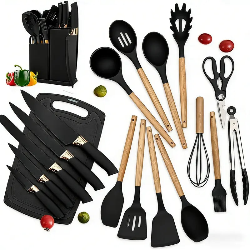 19-Piece Silicone Wood Handle Utensil Set