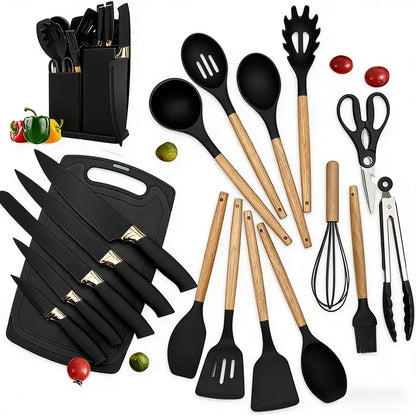 19-Piece Silicone Wood Handle Utensil Set
