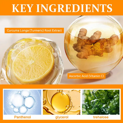 Turmeric root extract Vitamin C panthenol glycerol and trehalose ingredients