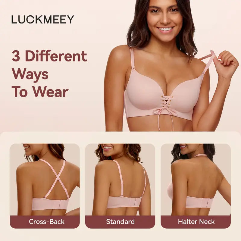Drawstring Push-Up Wireless Lace-Up Front Bra