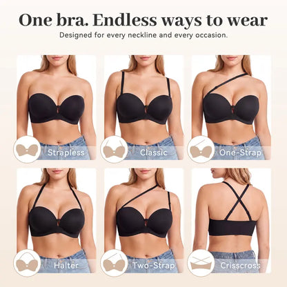 Womens Strapless Front Closure Bra Push Up Lift Bra Padded Add Cup Non Slip Anti-Slip Grip