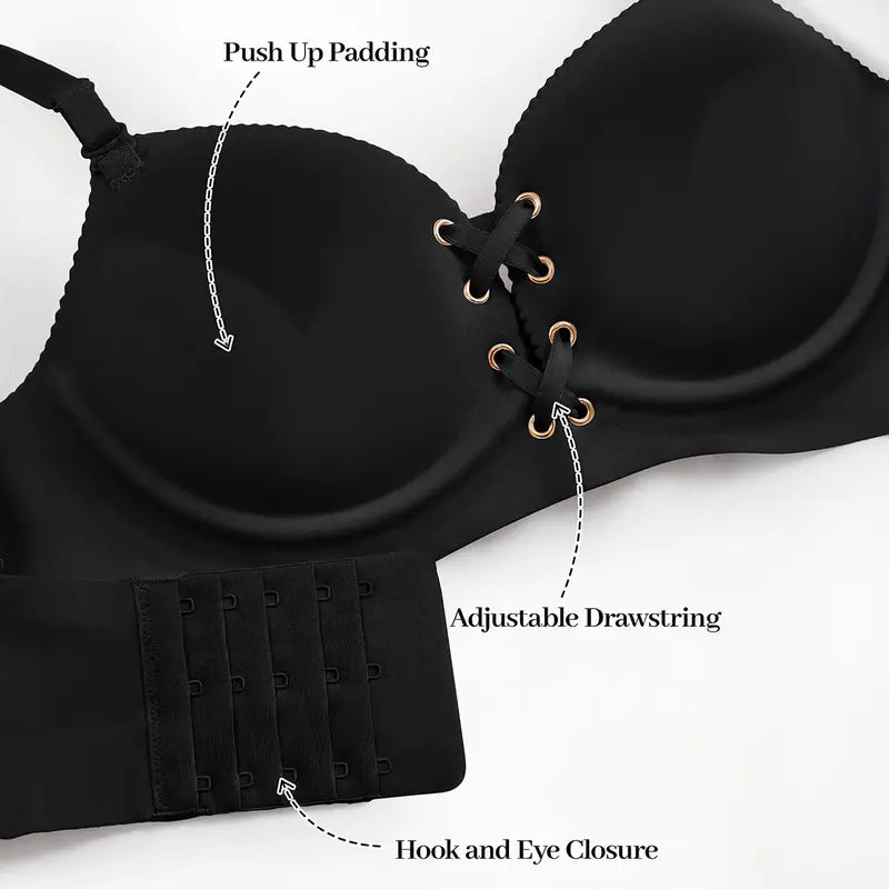 Drawstring Push-Up Wireless Lace-Up Front Bra