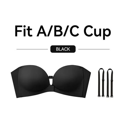 Womens Strapless Front Closure Bra Push Up Lift Bra Padded Add Cup Non Slip Anti-Slip Grip