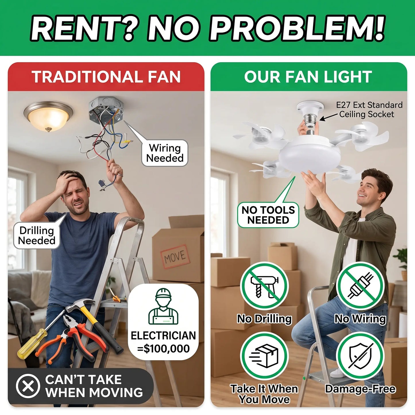 🌀50% OFF NOW! 💡 Ceiling Fan with E27 Socket – Silent 2-in-1 LED Fan with Remote Control – Cool & Light in One 🏠