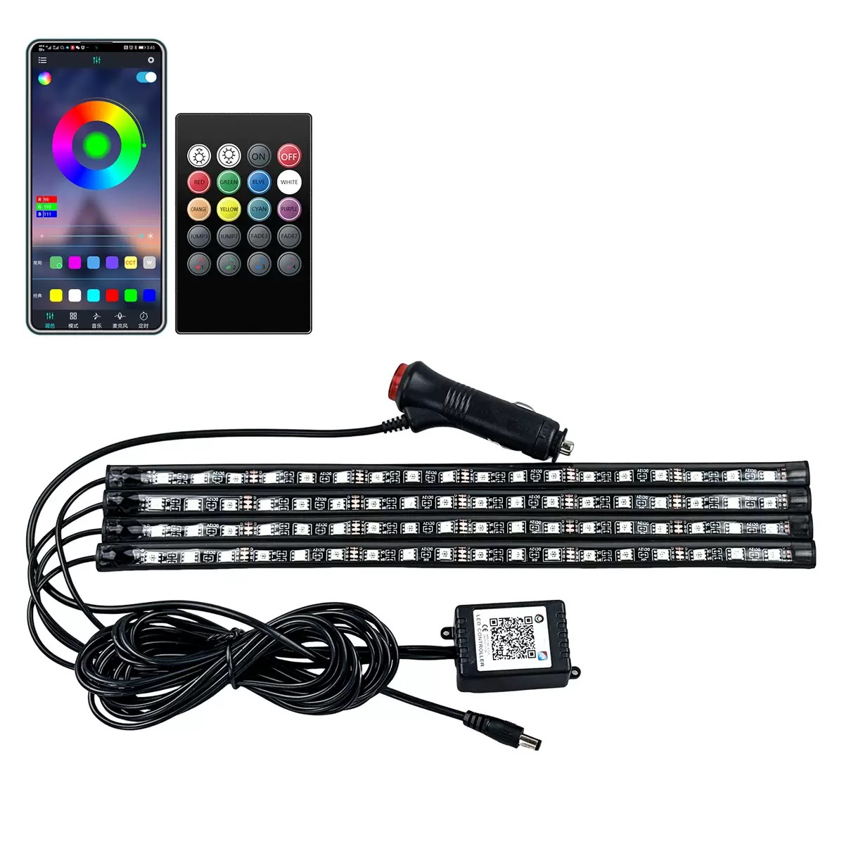Car LED Interior Lights - 4-in-1 Smart APP & Remote Control Underdash Footwell Atmosphere Light, RGB Color Changing Music Sound Activated Automotive Neon Strip Light Kit