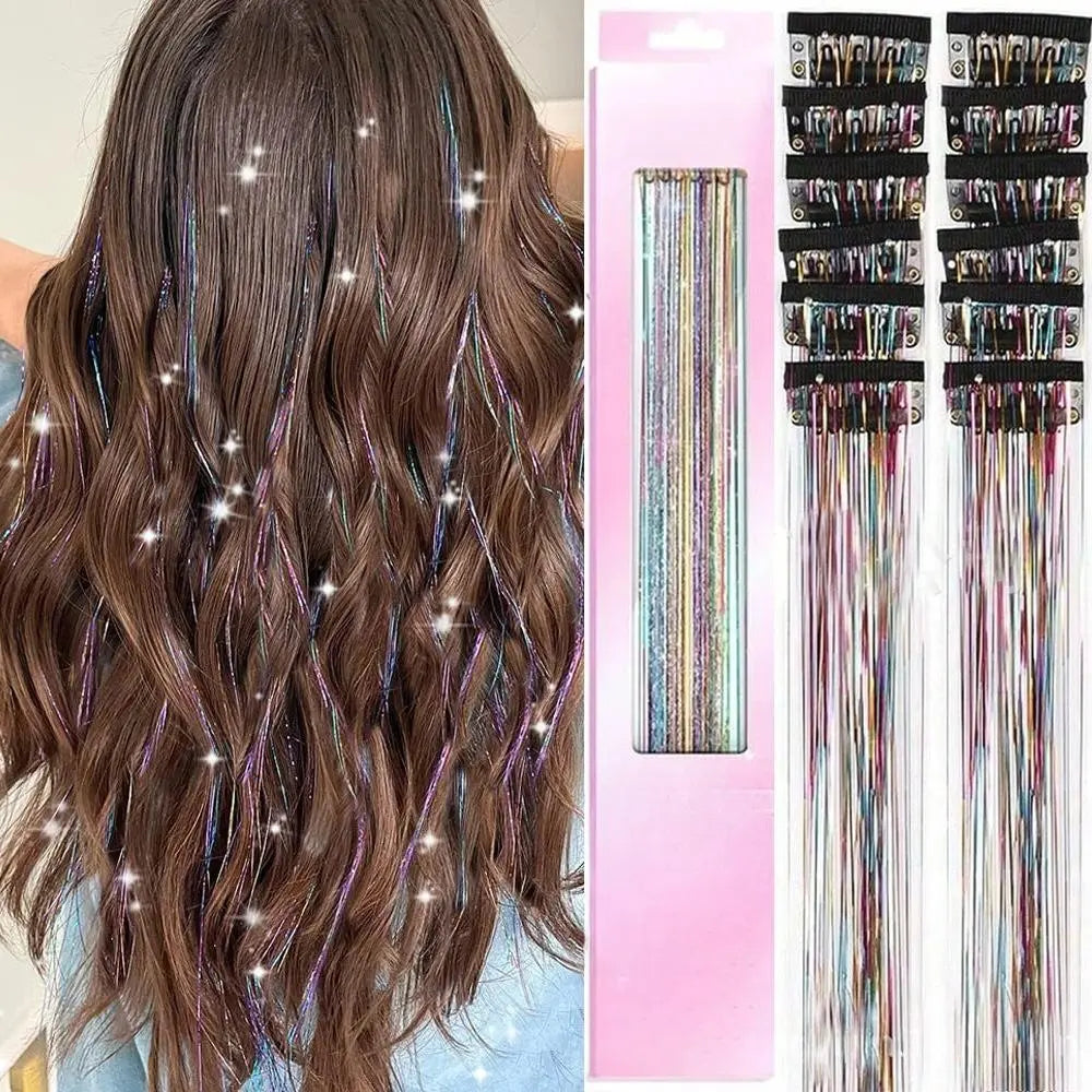 Rainbow Hair Tinsel Pack of 12 Pcs Clip in Hair Tinsel 20 Inch Glitter Tinsel Hair Extensions