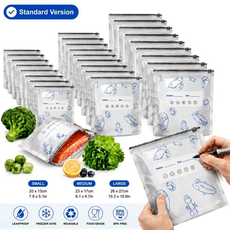 Reusable Stand-Up Food Storage Bags with Labels & Zip Locks