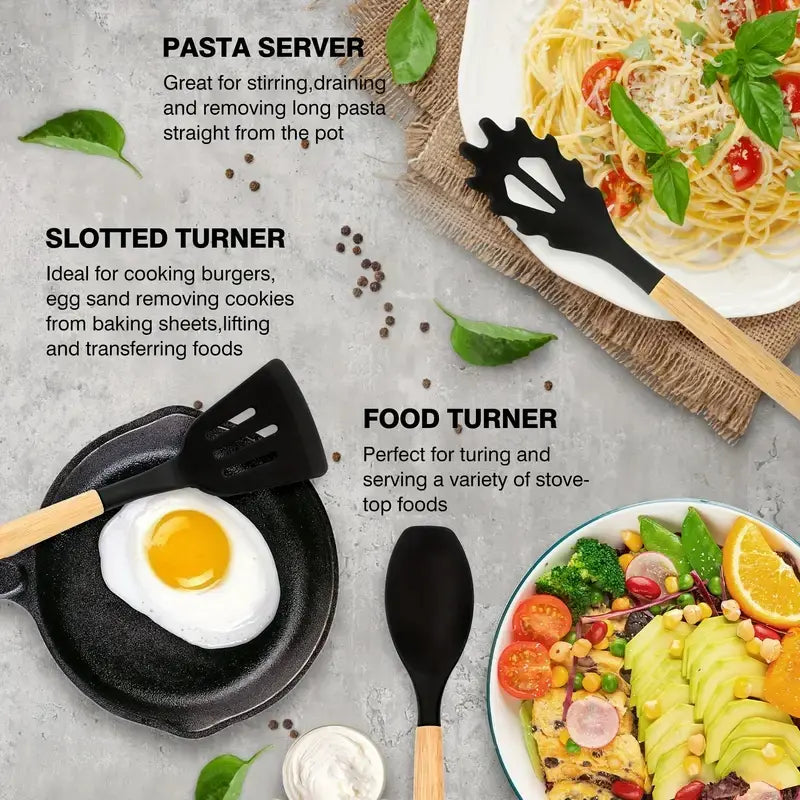 19-Piece Silicone Wood Handle Utensil Set