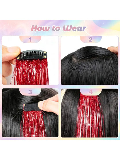 Rainbow Hair Tinsel Pack of 12 Pcs Clip in Hair Tinsel 20 Inch Glitter Tinsel Hair Extensions