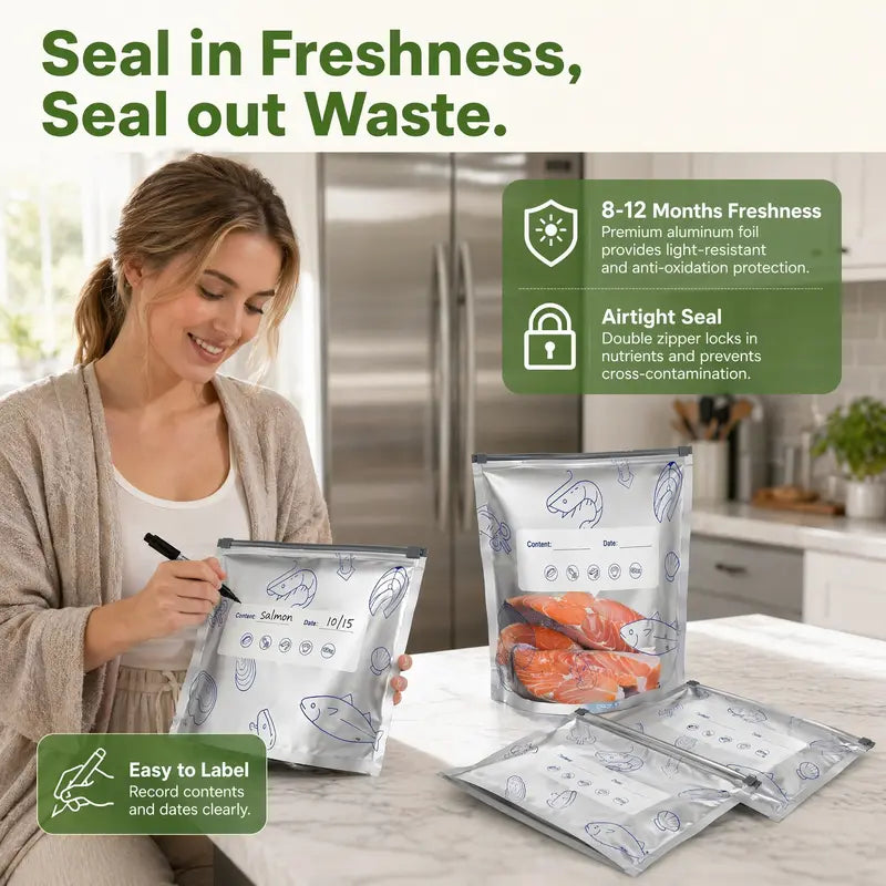 Reusable Stand-Up Food Storage Bags with Labels & Zip Locks