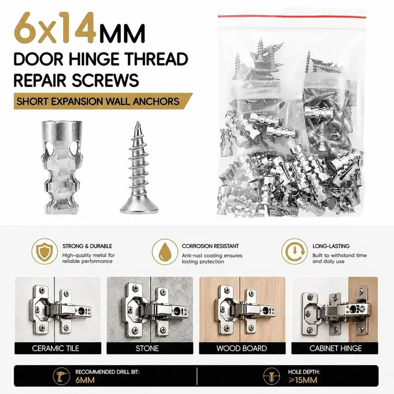 6×14mm Door Hinge Repair Screws & Expansion Anchors – 30/60 Pack