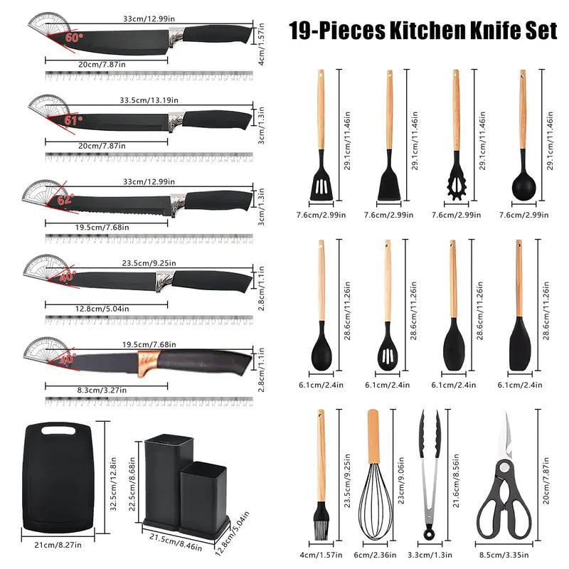 19-Piece Silicone Wood Handle Utensil Set