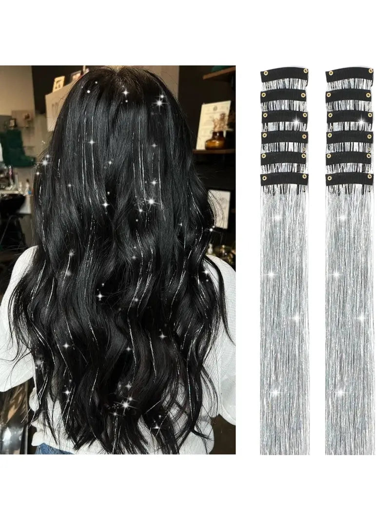 Rainbow Hair Tinsel Pack of 12 Pcs Clip in Hair Tinsel 20 Inch Glitter Tinsel Hair Extensions