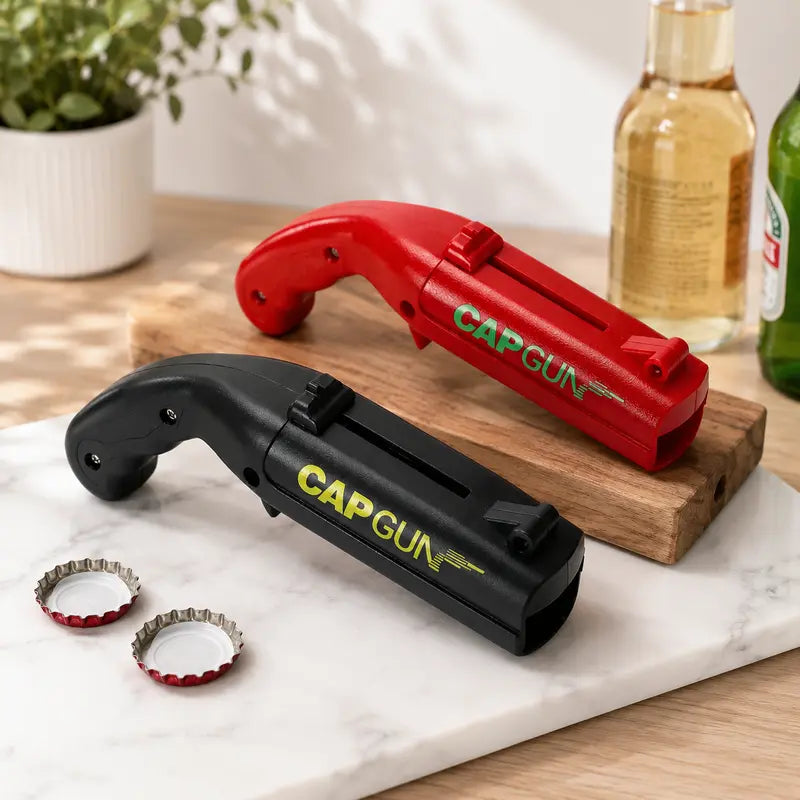 Gun-Shape Plastic Body Bottle Cap Launcher with Spring Launch Mechanism