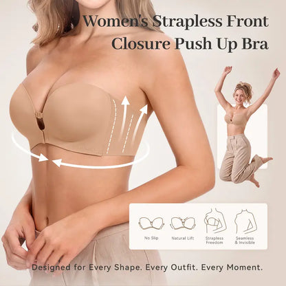 Womens Strapless Front Closure Bra Push Up Lift Bra Padded Add Cup Non Slip Anti-Slip Grip