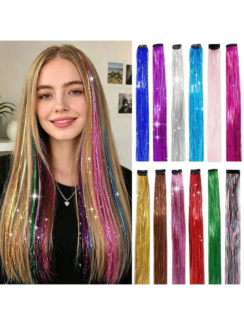Rainbow Hair Tinsel Pack of 12 Pcs Clip in Hair Tinsel 20 Inch Glitter Tinsel Hair Extensions