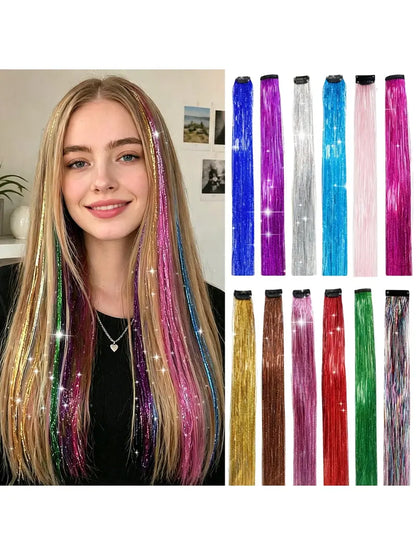 Rainbow Hair Tinsel Pack of 12 Pcs Clip in Hair Tinsel 20 Inch Glitter Tinsel Hair Extensions