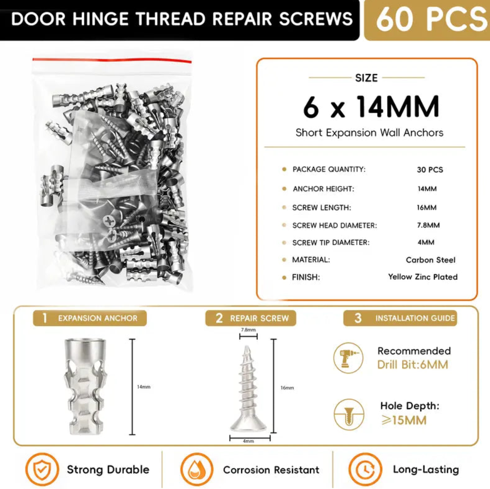 6×14mm Door Hinge Repair Screws & Expansion Anchors – 30/60 Pack