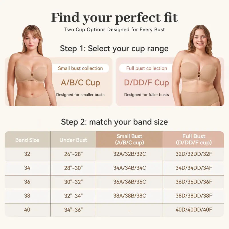 Womens Strapless Front Closure Bra Push Up Lift Bra Padded Add Cup Non Slip Anti-Slip Grip