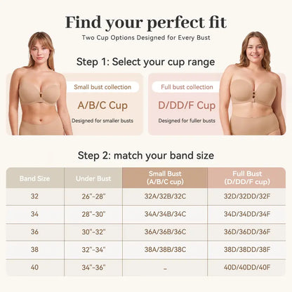 Womens Strapless Front Closure Bra Push Up Lift Bra Padded Add Cup Non Slip Anti-Slip Grip