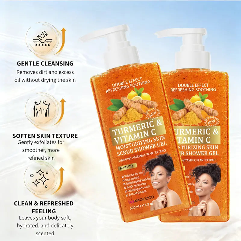 Two bottles of turmeric body wash for cleansing and smoother-feeling skin